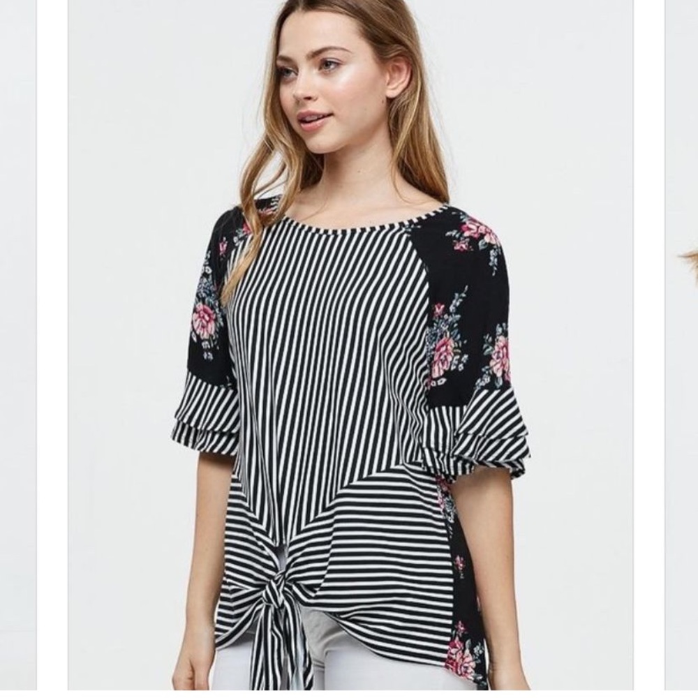 Mixed media top floral black & white striped